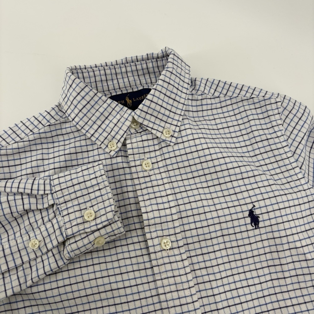 Ralph Lauren Boys Long Sleeve Button Up Shirt Size 7 Blue White Check Cotton